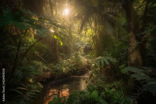 Lush jungle  meandering stream  vibrant wildlife.  generative IA