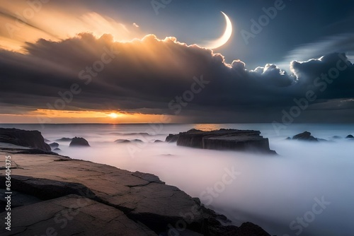 Beautiful dark fluffy cloudy sky with sun rays . Crescent moon with beautiful sunset background .