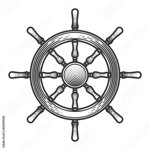 Ship wooden steering wheel. Vector illustration in engraving technique of old fashioned wooden helm.
