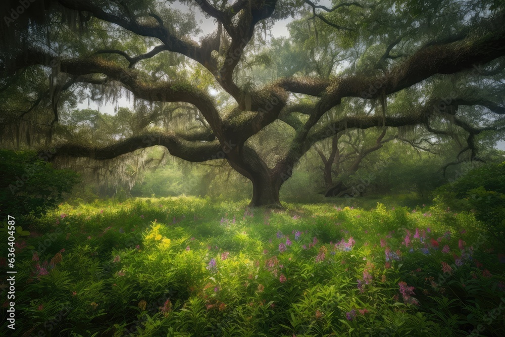 Serene glade with oak, ferns and lush lilies., generative IA Serene glade with oak, ferns and lush lilies., generative IA
