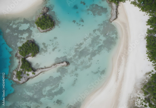 an aerial view of a white sand beach and trees. Generative AI