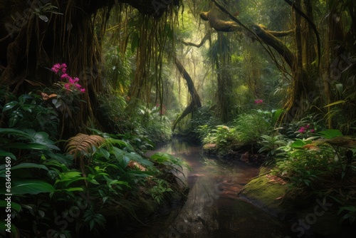 Lush rainforest, majestic tree, vibrant colors., generative IA