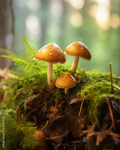 Generated photorealistic image of three small umbrella mushrooms in a summer forest