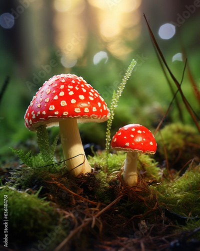 Generated photorealistic image of two small fly agarics with white speckles on their hats in a summer forest