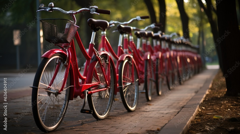 Obraz premium Generative AI, Bike sharing system, many red city bikes parked. Healthy ecology urban transportation.
