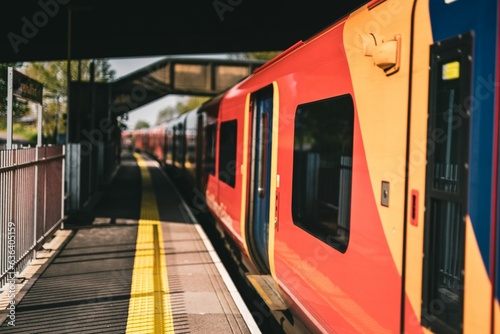a red and yellow train parked on the tracks near a platform