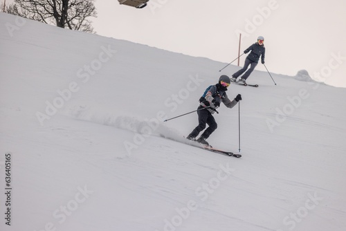 Skiers dressed in snow suits are gliding downhill in a wintery landscape