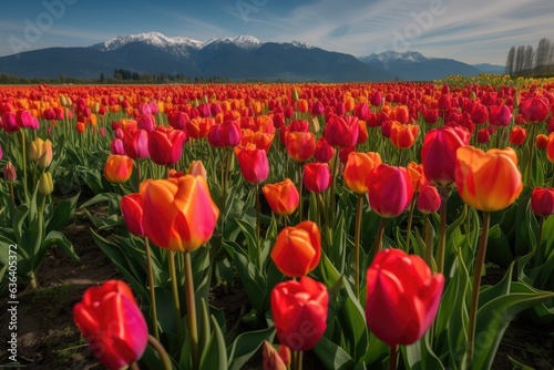 Vast field of colorful tulips under the morning sun.  generative IA