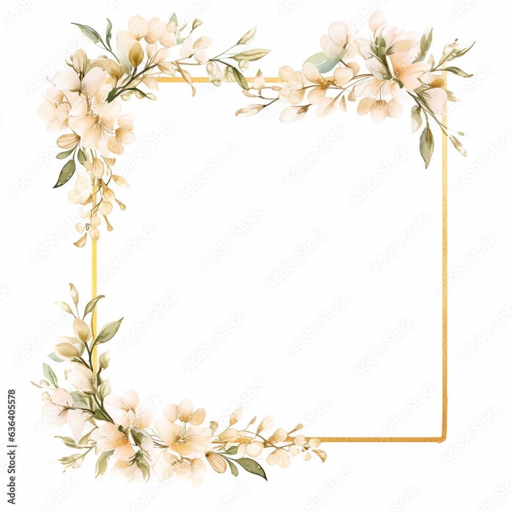 Fototapeta premium Watercolor hand painted style frame with spring white flowers and branches. Frame for wedding invitations, save the date or greeting cards