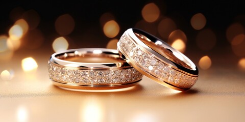 Pair of shiny wedding rings on a sparkling background, with copy space, luxury.