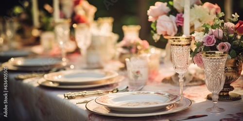 Wedding reception table setting with beautiful flowers   sparkling glassware and dishes  extra wide with copy space