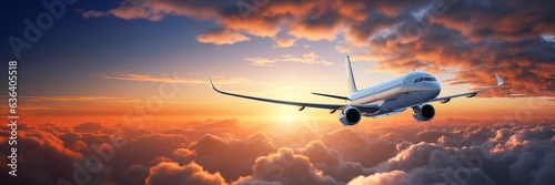 Commercial airplane flying above dramatic clouds during sunset, background with copy space, extra wide