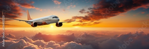 Commercial airplane flying above dramatic clouds during sunset, background with copy space, extra wide