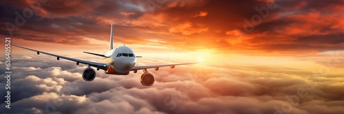 Commercial airplane flying above dramatic clouds during sunset, background with copy space, extra wide