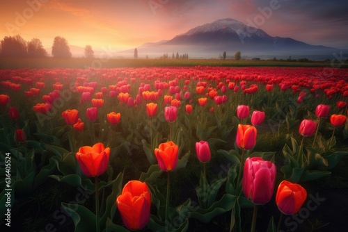 Colorful field of tulips on a spring afternoon.  generative IA