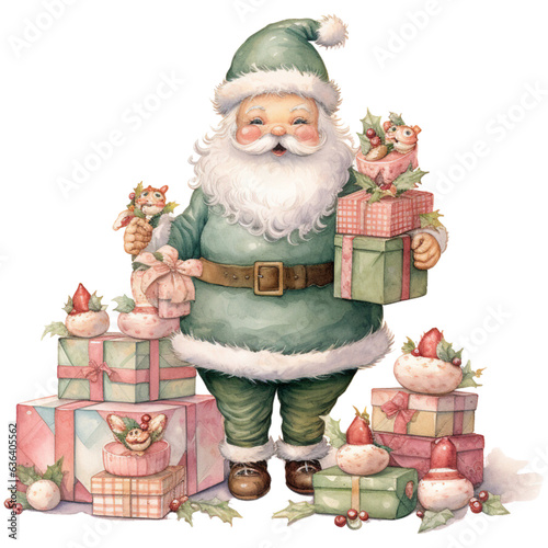 Watercolor Pastel Santa Claus and Gifts Clipart. Santa and Persents Decor. Christmas Theme Illustration. photo