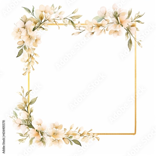 Watercolor hand painted style frame with spring white flowers and branches. Frame for wedding invitations, save the date or greeting cards