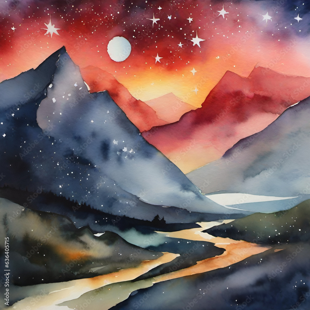 Fototapeta premium Watercolor wolf with mountains and clouds