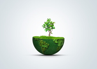 Invest in our planet. Earth day 2023 concept background. Ecology concept. Design with globe map drawing and leaves isolated on white background. 