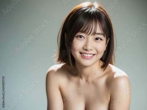 A beautiful short hair Japanese/Asian girl topless, Posing as she looks at camera, her warm smile radiating joy and positivity. gradient white background, generative AI.