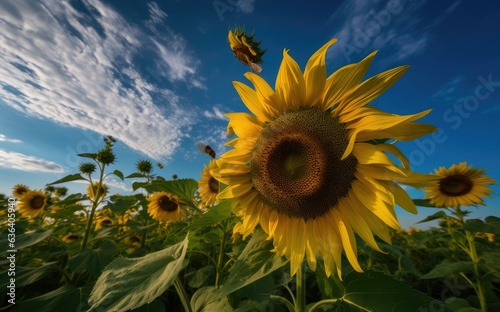 Golden field dotted with sunflowers under the sun., generative IA