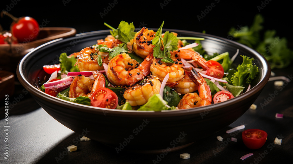 Square Culinary Canvas - A Bowl of Fresh Salad featuring Succulent Shrimp, displayed on a Dark Black Table, providing an enticing background for Food Photography. Square Culinary Canvas - A Bowl of Fresh Salad featuring Succulent Shrimp, displayed on a Dark Black Table, providing an enticing background for Food Photography.