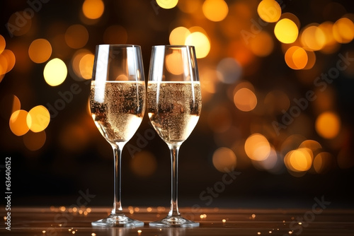 TWO GLASSES OF CHAMPAGNE ON THE DARK BACKGROUND WITH DEFOCUSED LIGHTS.
