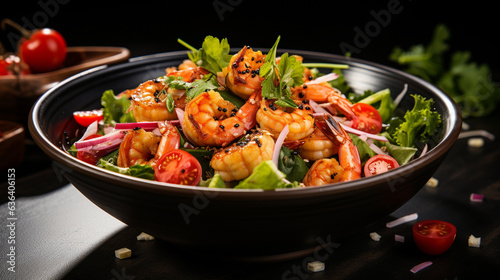 Square Culinary Canvas - A Bowl of Fresh Salad featuring Succulent Shrimp, displayed on a Dark Black Table, providing an enticing background for Food Photography. 