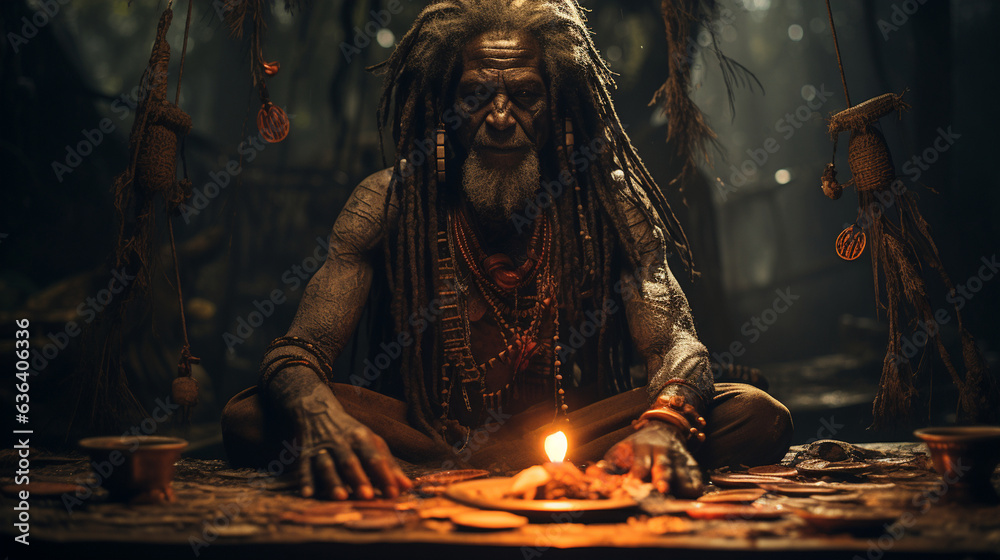 An African shaman or witch doctor engaging in a ritual within their sacred space, creating a mysterious and dark occult portrait.