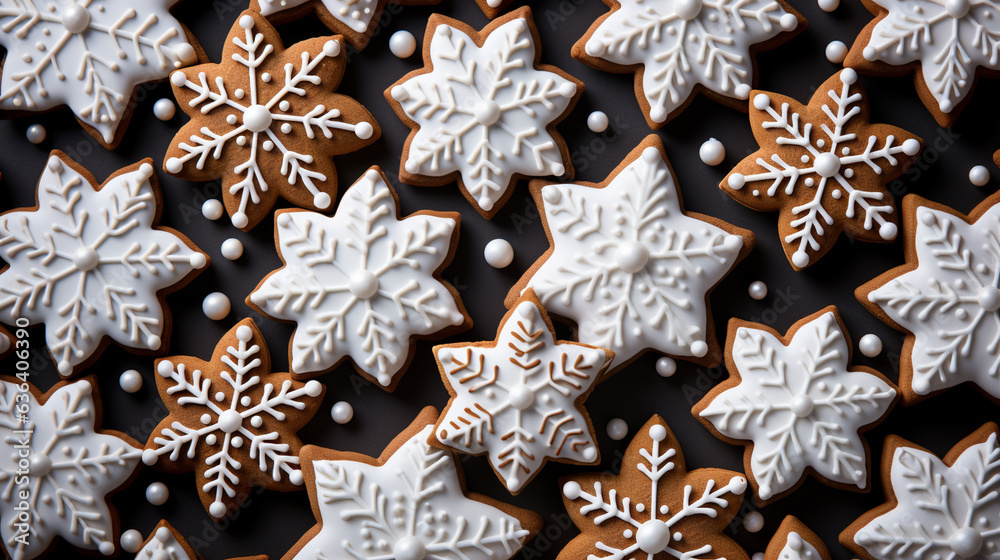 A textured background suitable for Christmas food and bakery photography, featuring a close-up view of numerous star-shaped gingerbread cookies adorned with white icing decoration. A textured background suitable for Christmas food and bakery photography, featuring a close-up view of numerous star-shaped gingerbread cookies adorned with white icing decoration.