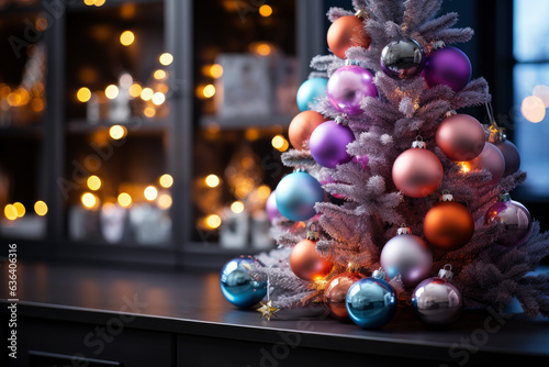 Decorated Christmas mini tree with colorful balls, new year tradition, merry xmas