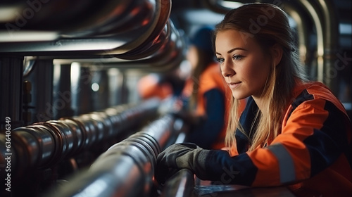 A female plumber engaged in her professional occupation, working near metal pipes indoors  photo