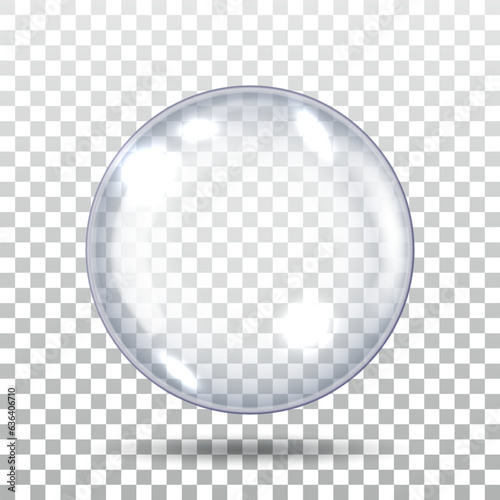 3D Realistic Glass Spherical Ball on Checkered Background. Render Big Transparent Glass Sphere with Glares and Shadow. Translucent Light Sphere Icon. Realistic Vector Illustration