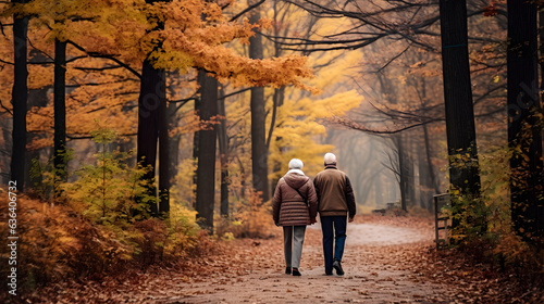 A photo of an elderly couple walking hand in hand along a forest path, with dense forest and autumn leaves in the background