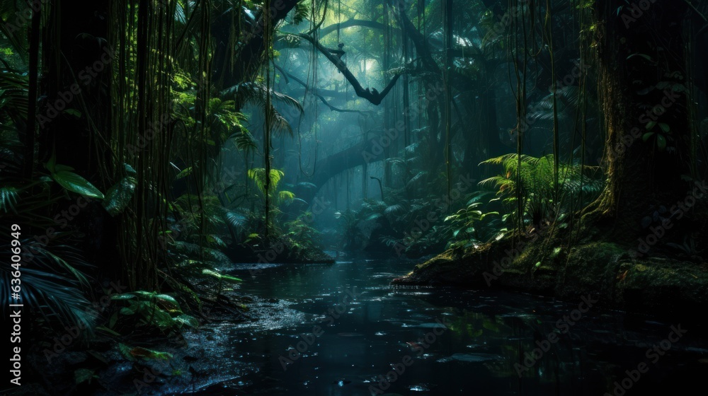 Mystical jungle, fantasy dark rainforest.