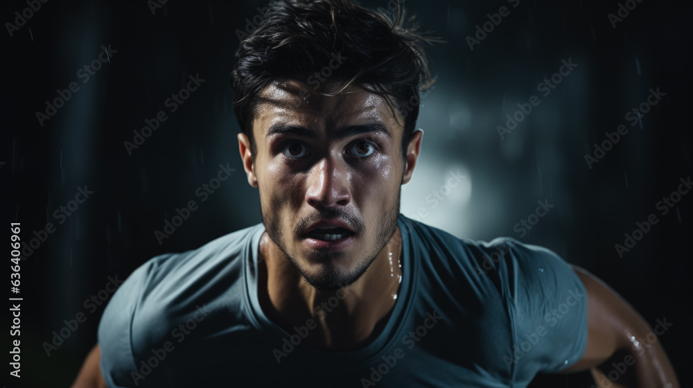 Running in slow motion confused face of man on dark background with a place for text Running in slow motion confused face of man on dark background with a place for text