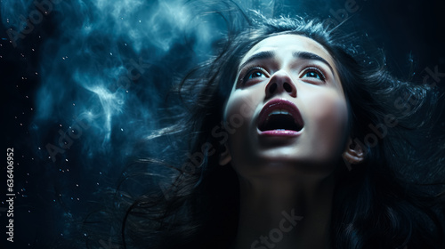 Mystic shocked flying woman face on dark background with a place for text 