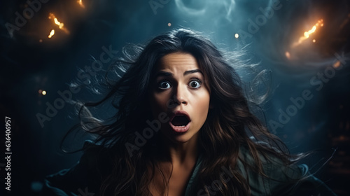 Mystic shocked flying woman shocked on dark background with a place for text 