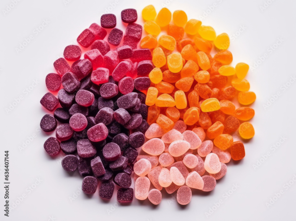 Group of red, orange and purple multivitamin gummies isolated on white background Group of red, orange and purple multivitamin gummies isolated on white background