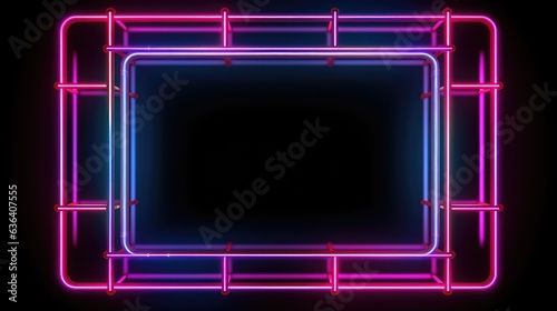 A luminous neon grid frame, adorned with radiant colored lights, stands out starkly against a jet-black backdrop. 