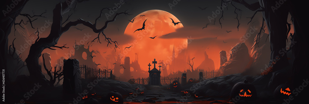 Banner of dark tombstone cemetery halloween background concept, Holiday design illustration