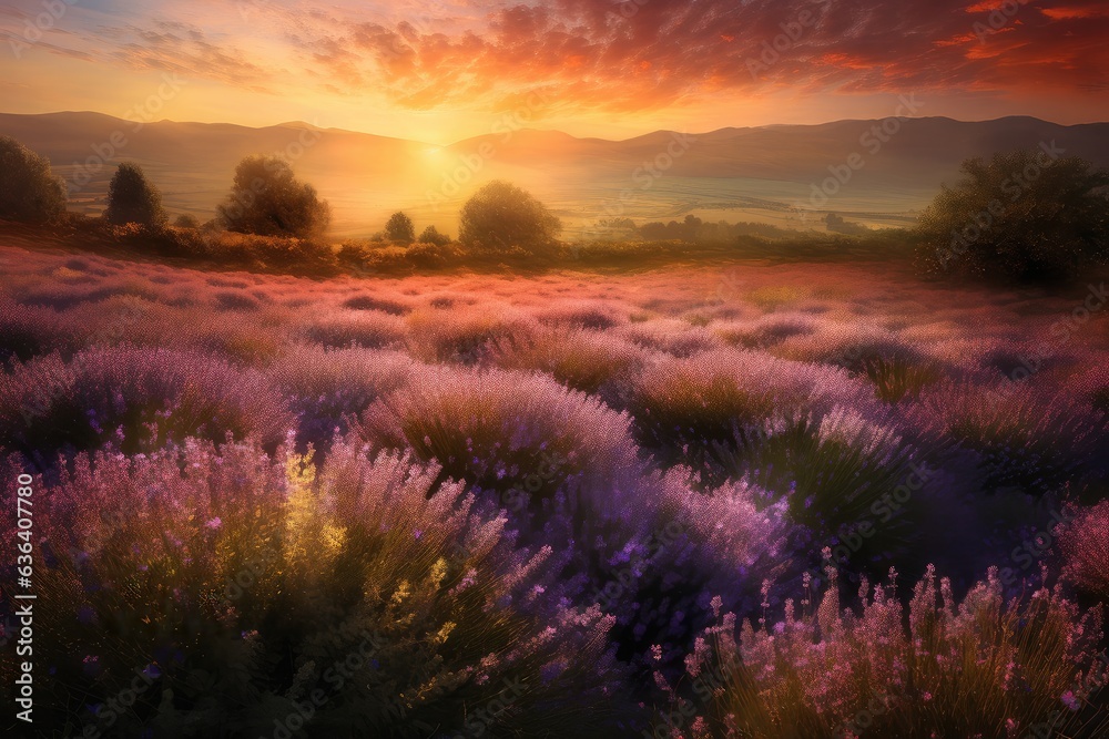 Purple lavender field under setting sun, butterflies and mountains in the background., generative IA
