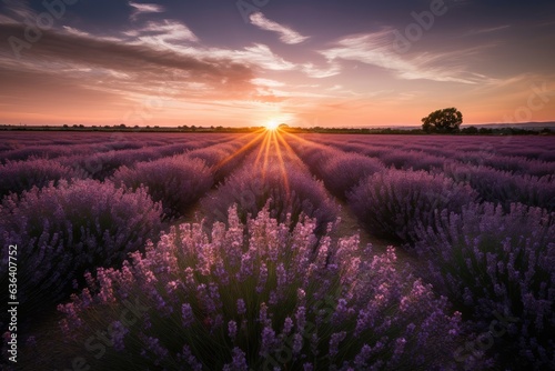 Purple lavender field under the setting sun, bees among flowers and wooden fence., generative IA