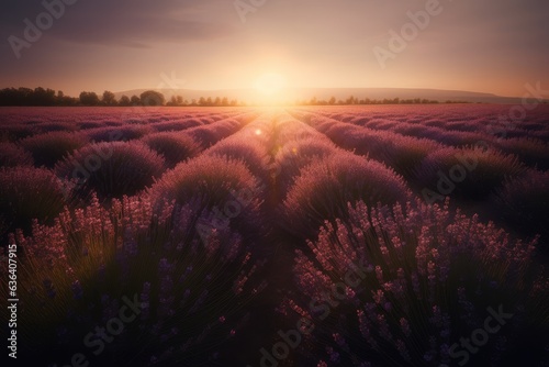 In the lavender field at dusk, a lone flower glows in the golden light., generative IA