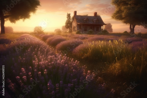 Golden lavender field, bees among flowers, wooden fence at dusk., generative IA