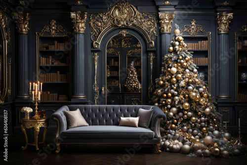 Decorated Christmas tree with golden balls in a luxurious interior  new year tradition  merry xmas