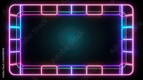 A luminous neon grid frame, adorned with radiant colored lights, stands out starkly against a jet-black backdrop. 