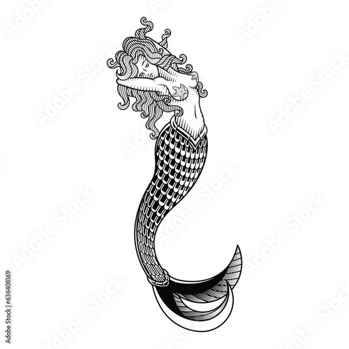 Beautiful vintage mermaid. Vector illustration in engraving technique of fantasy mermaid in traditional ink style. 