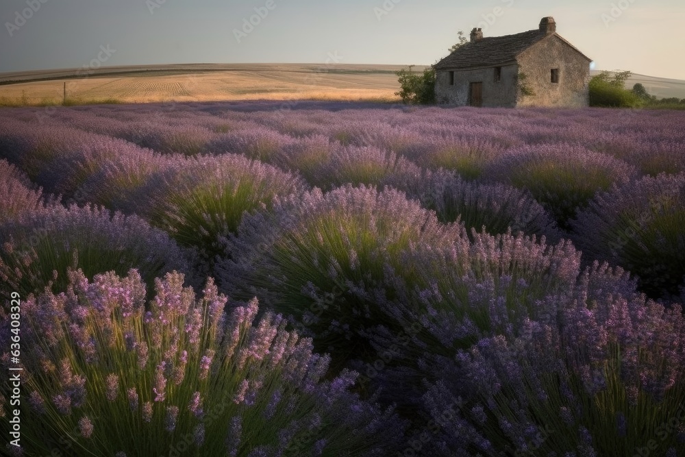 Purple lavender field with rustic house in the background., generative IA Purple lavender field with rustic house in the background., generative IA
