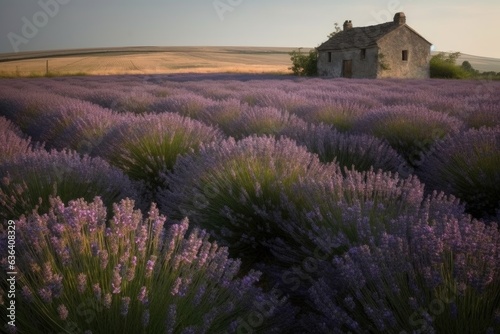 Purple lavender field with rustic house in the background., generative IA © Lindamar